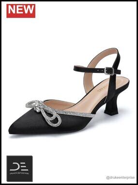 Wide Width Kitten Heels Satin Rhinestone Bow Pointed Closed Toe Pumps with